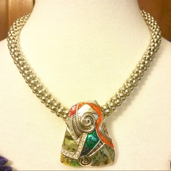 Artist Rainbow Mixed Media Abalone Mosaic Trapezoid Silver Necklace - Picture 4 of 10